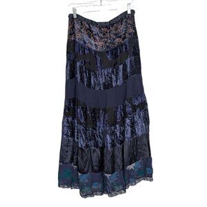 Heart Moon Star Velvet Floral Maxi Skirt Womens Size 4 Blue Boho Whimsygoth